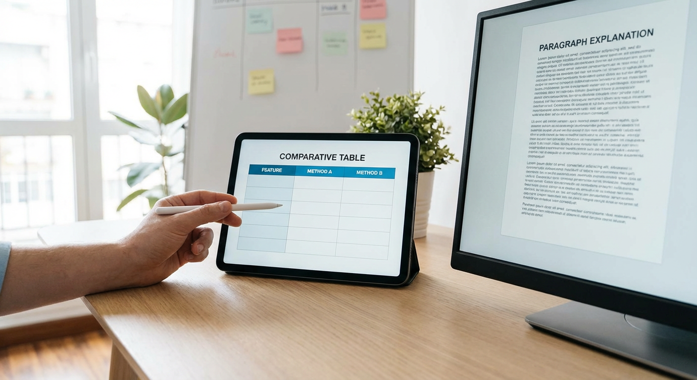 Prioritize Comparative Tables Over Paragraph Explanations